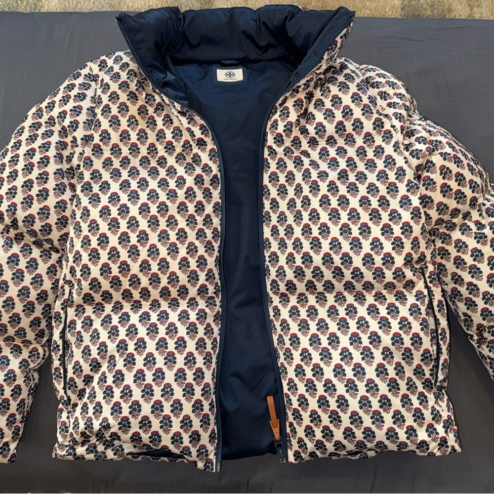 Tory Burch Navy and Cream Puffer Jacket
